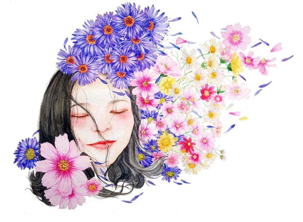 woman with dark hair and flowers and petals floating around her head